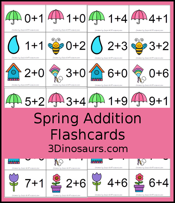 Free Spring Addition Flashcards with addition from 1 to 10 with all the ways to add up to each number - 3Dinosaurs.com