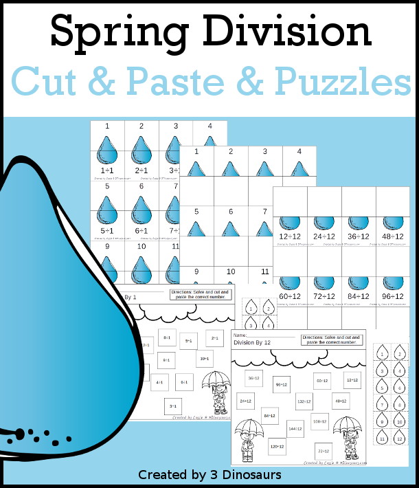 Raindrop Division Cut & Paste and Matching with cut and paste worksheets for division with numbers 1 to 12 and puzzles and matching mats  - 3Dinosaurs.com