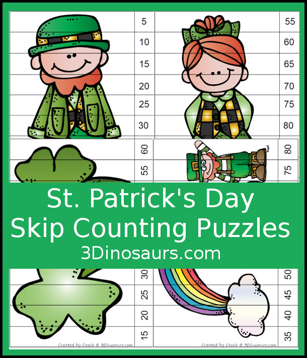 Free Fun St Patrick's Day Skip Counting by 5 Puzzles - 4 pages of puzzles with template - 3Dinosaurs.com