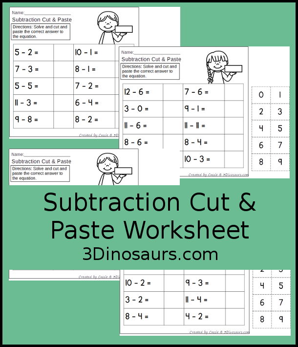 Free Subtraction Cut & Paste Worksheet - 4 worksheets with subtraction from 9 to 0 answers with numbers from 1 to 10. You have cut and paste the answers to the subtraction problems - 3Dinosaurs.com