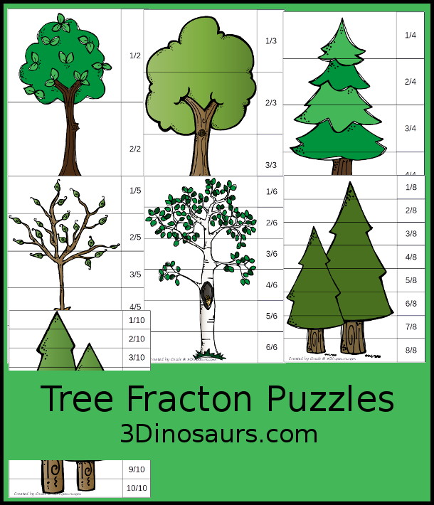 Free Tree Fraction Puzzles - it has 7 fraction puzzles with 2, 3, 4, 5, 6, 8, 10 for the parts for the fractions  - 3Dinosaurs.com