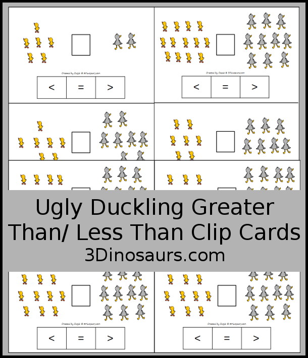 Free Duck & Swan Greater Than & Less Than Clip Card Printables - you have 10 clip cards that work on comparing numbers. You count the ducks and swans and then clip the correct symbol to compare the numbers. - 3Dinosaurs.com