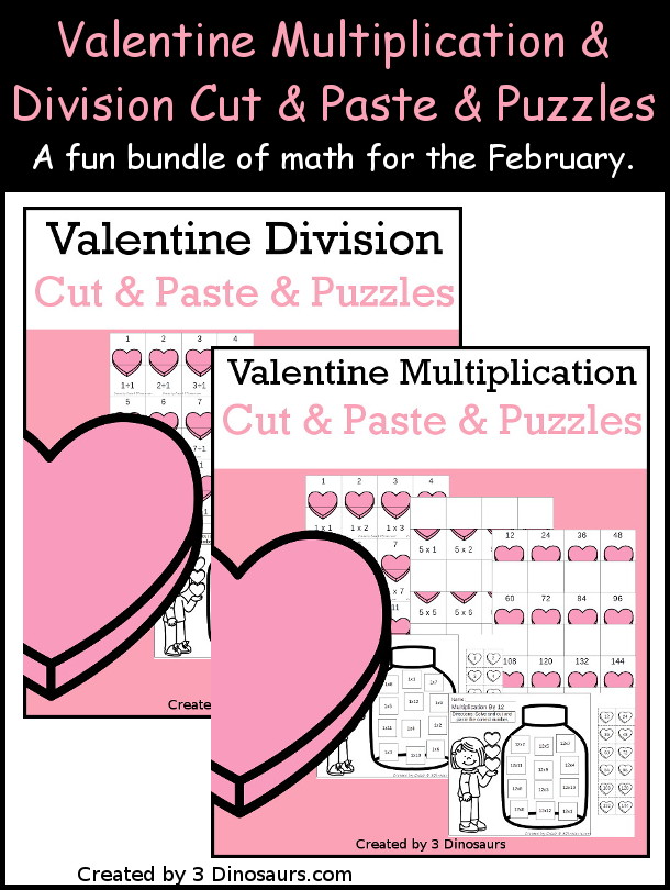 Valentine Multiplication & Division Cut & Paste and Matching with cut and paste worksheets for division and multiplication with numbers 1 to 12 and match puzzles and matching mats for division and multiplication - 3Dinosaurs.com