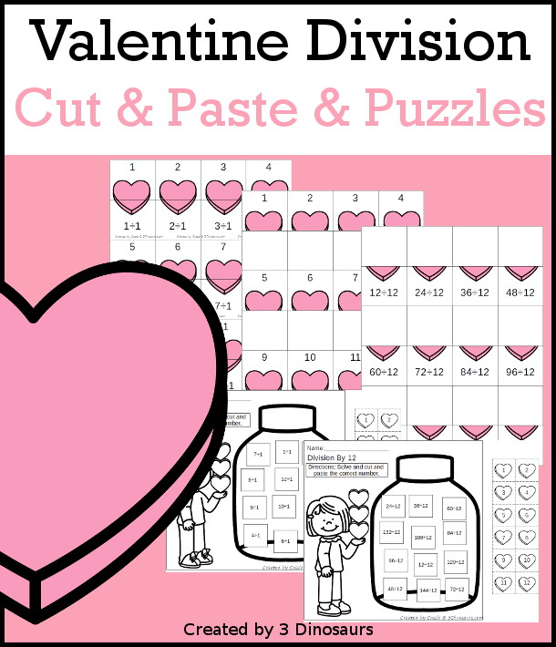 Valentine Division Cut & Paste and Matching with cut and paste worksheets for division with numbers 1 to 12 and puzzles and matching mats  - 3Dinosaurs.com