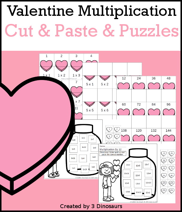 Valentine Multiplication Cut & Paste and Matching with cut and paste worksheets for multiplication with numbers 1 to 12 and puzzles and matching mats  - 3Dinosaurs.com