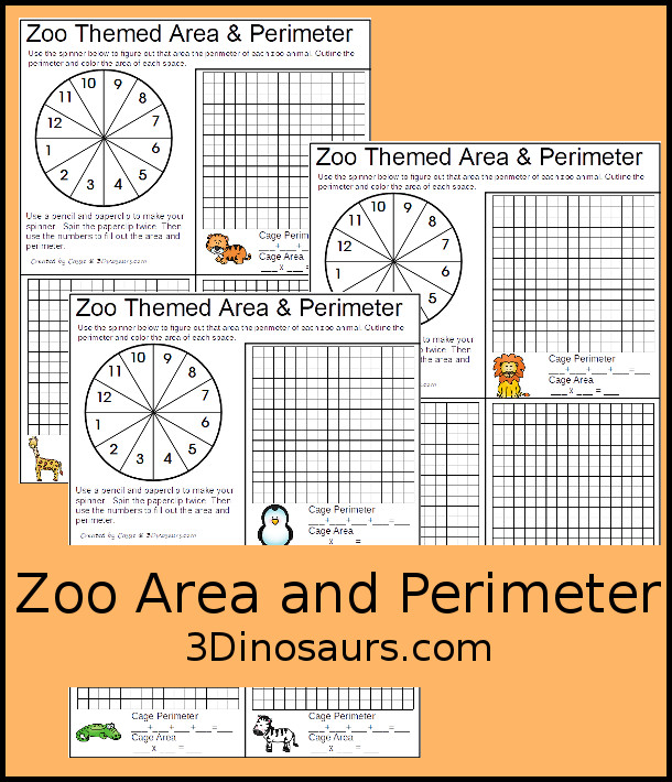 Free Zoo Themed Area and Perimeter - a fun spinning math activity for kids to use - 3Dinosaurs.com