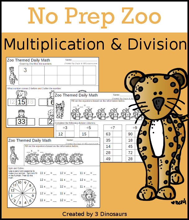 No Prep Zoo Themed Multiplication & Division  - 30 pages no-prep printables with a mix of multiplication and division  activities plus a math center activity - 3Dinosaurs.com #noprepmath #tpt #division #multiplication