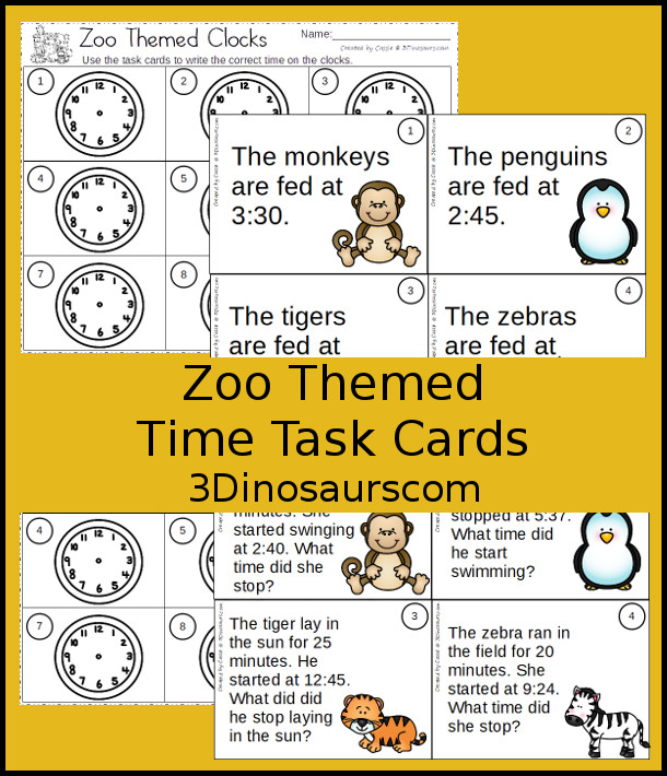 Free Zoo Themed Task Cards - 2 set of time telling task cards - writing time and doing addition or subtraction with time - 3Dinosaurs.com #tellingtimeforkids #zoo #taskcards #freeprintable 