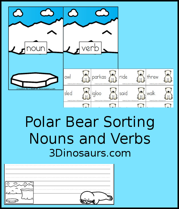 Free Polar Bear Sorting Noun and Verbs - with Polar Bears Past Bedtime - 10 sorting cards for each with a matching mat plus a writing activity as well. - 3Dinosaurs.com