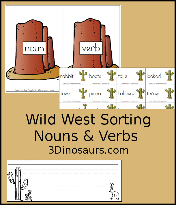 Free Wild West Sorting Nouns & Verbs - with Ghost Town at Sundown - 10 sorting cards for each with a matching mat plus a writing activity as well. - 3Dinosaurs.com