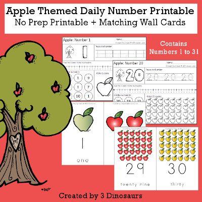 Apple Daily Number For the Fall - wall cards, no-prep printables $4 - 3Dinosaurs.com