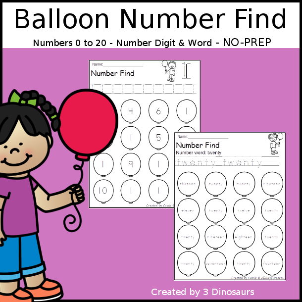 Balloon Number Find Printable  with numbers 0 to 20 with numerical number and number word for kids to trace and then find on the balloons. - 3Dinosaurs.com