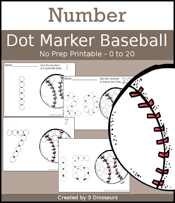 Baseball Dot the Number & Count the Dots - numbers 0 to 20 with dot marker activities for kids to work on numbers and counting - 3Dinosaurs.com
