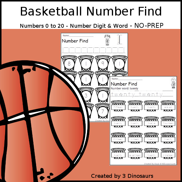 Basketball Number Find Printable with numbers 0 to 20. It has numerical numbers and number words. You have handwriting for numbers and the search and find the numbers on the hoops - 3Dinosaurs.com