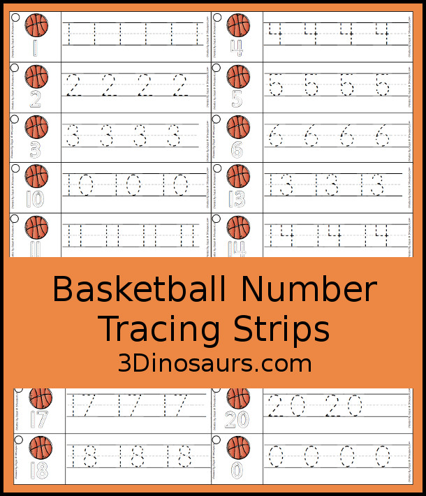 Basketball Number Find Printable with numbers 0 to 20. It has numerical numbers and number words. You have handwriting for numbers and the search and find the numbers on the hoops - 3Dinosaurs.com