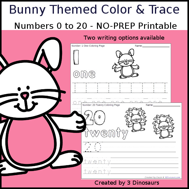 No-Prep Bunny Themed Number Color and Trace - easy no-prep printables with a fun bunny and carrot theme 44 pages with two options for the numbers tracing or writing $ - 3Dinosaurs.com #noprepprintable #easterprintables #numbersforkids