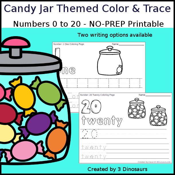 No-Prep Candy Jar Themed Number Color and Trace - easy no-prep printables with a fun candy theme 44 pages with two options for the numbers tracing or writing $ - 3Dinosaurs.com #noprepprintable #candyprintables #numbersforkids
