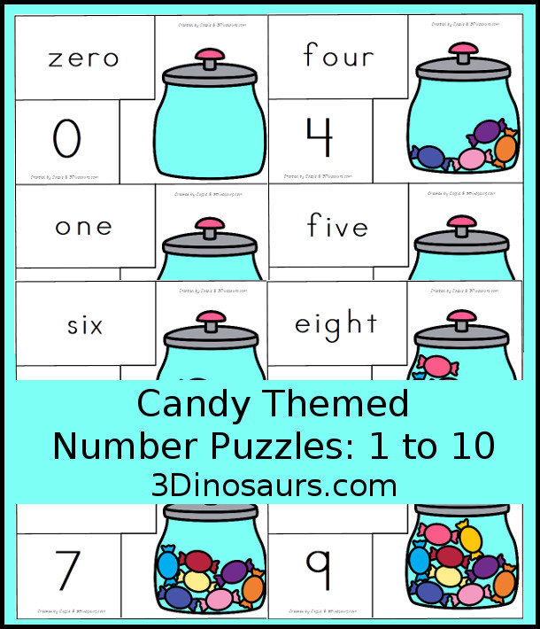 Free Hands-On Learning With Candy Number Puzzles - number puzzles from 0 to 10 - 3Dinosaurs.com #puzzlesforkids #numbers #kindergarten #prek #freeprintable