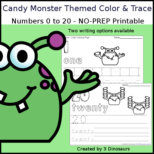 No-Prep Candy Monster Themed Number Color and Trace - easy no-prep printables with a fun candy theme 44 pages with two options for the numbers tracing or writing $ - 3Dinosaurs.com #noprepprintable #candyprintables #numbersforkids