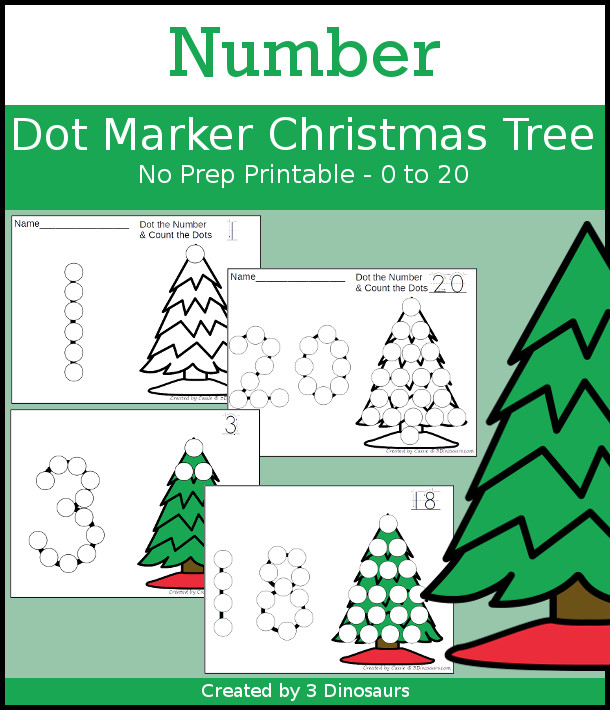 Christmas Tree Dot the Number & Count the Dots - numbers 0 to 20 with dot marker activities for kids to work on numbers and counting - 3Dinosaurs.com