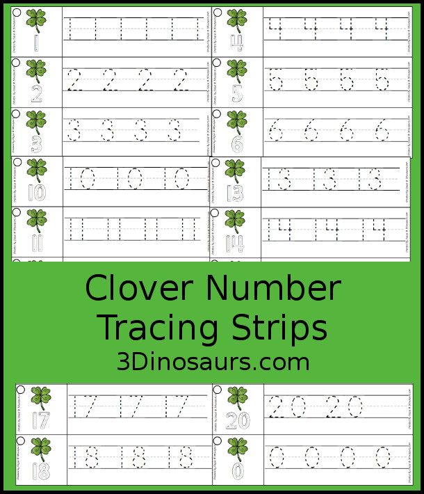 Free Clover Theme Number Tracing Strips - with numbers 1 to 20 - 3Dinosaurs.com