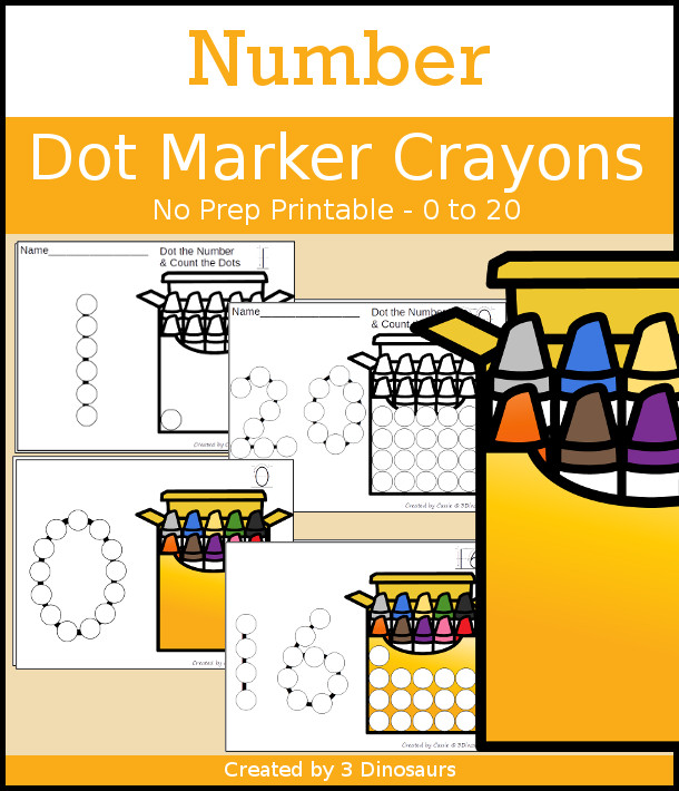 Crayon Dot the Number & Count the Dots - numbers 0 to 20 with dot marker activities for kids to work on numbers and counting - 3Dinosaurs.com