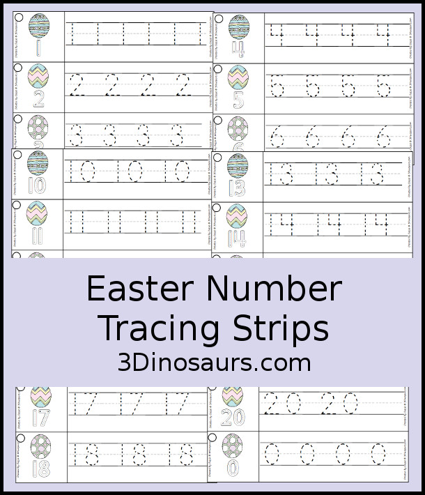 Free Easter Themed Number Tracing Strips - with numbers 0 to 20. You have numbers to trace and an example of how to trace the numbers with three fun Easter Eggs that are great for Easter. - 3Dinosaurs.com