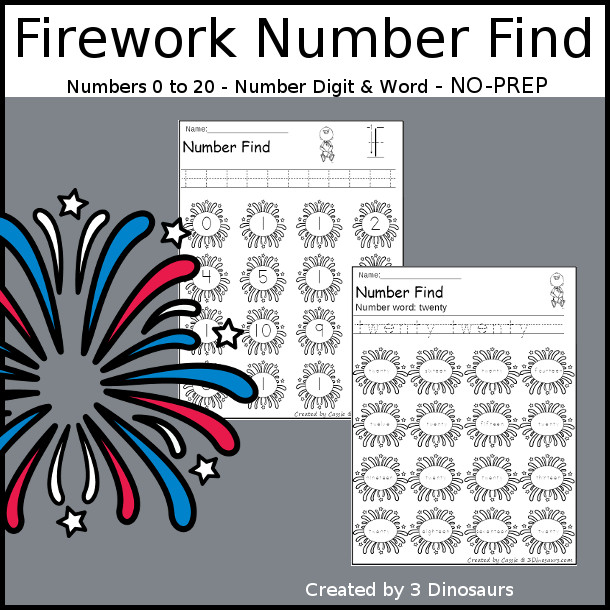 Fireworks Number Find Printable - with the numerical number and number word for kids to work on finding numbers from 0 to 20. An easy no-prep number printable- 3Dinosaurs.com
