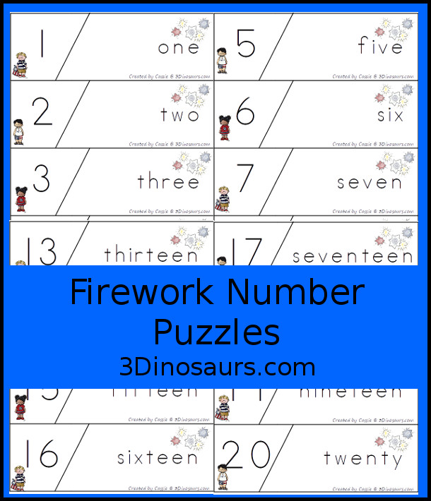 Free Firework Number Puzzles - work on matching number digit and number word in matching puzzles for numbers 1 to 20 - 3Dinosaurs.com #3dinosaurs #handsonmath #freeprintable #numbers #prek #kindergarten