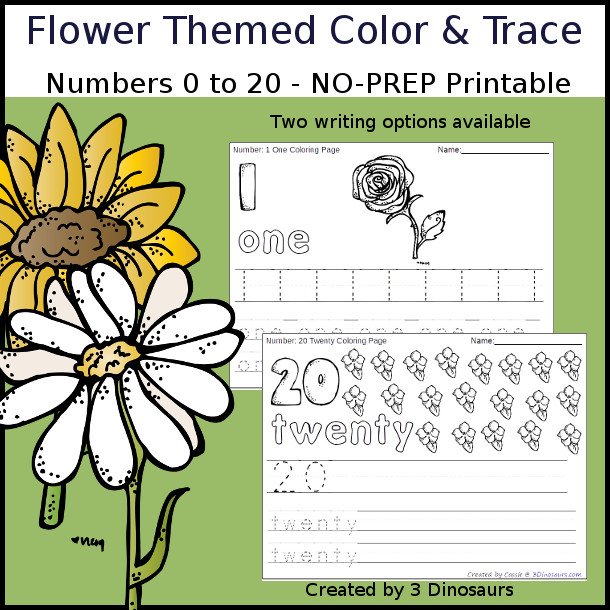 No-Prep Flower Number Color and Trace - easy no-prep printables with a fun flower theme 44 pages with two options for the numbers tracing or writing $ - 3Dinosaurs.com #noprepprintable  #numbersforkids