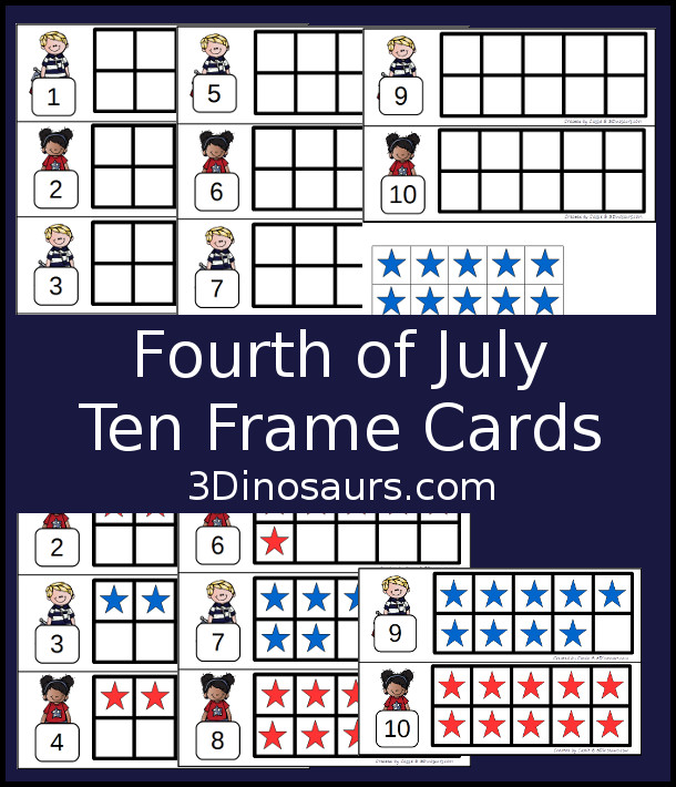 Free Fourth of July Ten Frame Cards - two different types of cards to use with red and blue stars - 3Dinosaurs.com