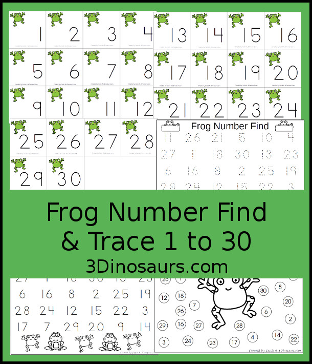 Free Frog Number Find and Trace with 1 to 30 Numbers - you have 30 number cards, number find printable, number tracing printable and number dot marker find printable for working on numbers from 1 to 30 - 3Dinosaurs.com