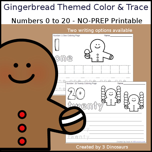 No-Prep Gingerbread Themed Number Color and Trace - easy no-prep printables with a fun gingerbread theme 44 pages with two options for the numbers tracing or writing $ - 3Dinosaurs.com #noprepprintable #christmasprintables #numbersforkids