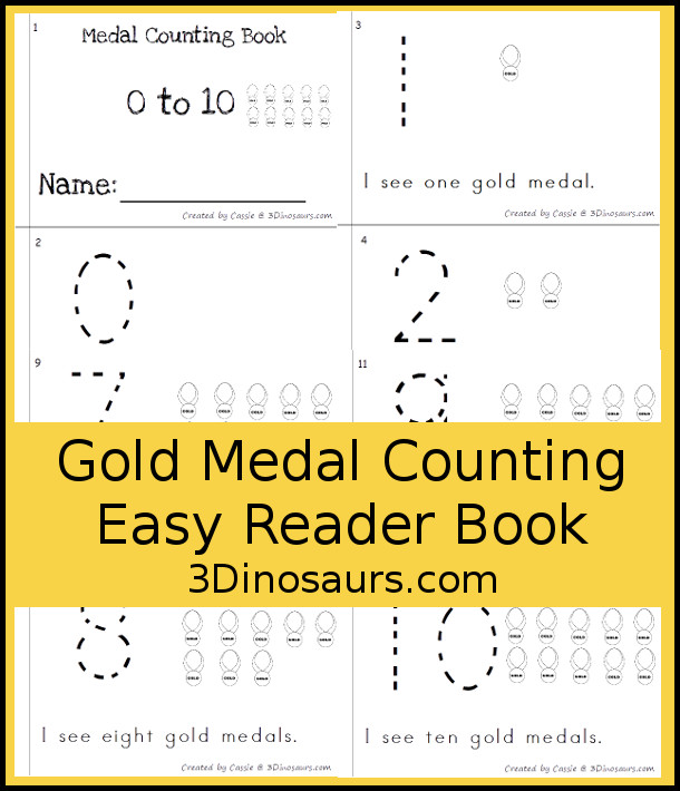 FREE Olympics Gold Medal Counting Book: Numbers 0 to 10 - has 6 pages with number 0 to 10 with gold medal counting themes - 3Dinosaurs.com