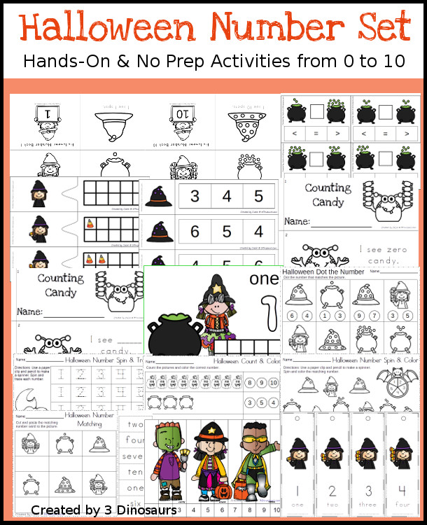 Halloween Themed Number Set 1 to 10 - 88 pages of hands-on and no-prep: books, clip cards, worksheets, counting mats and more prinatbles with a Halloween theme working on numbers 1 to 10 - 3Dinosaurs.com