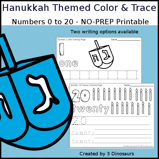 No-Prep Hanukkah Themed Number Color and Trace - easy no-prep printables with a fun Hanukkah theme 44 pages with two options for the numbers tracing or writing $ - 3Dinosaurs.com #noprepprintable #hanukkahprintables #numbersforkids