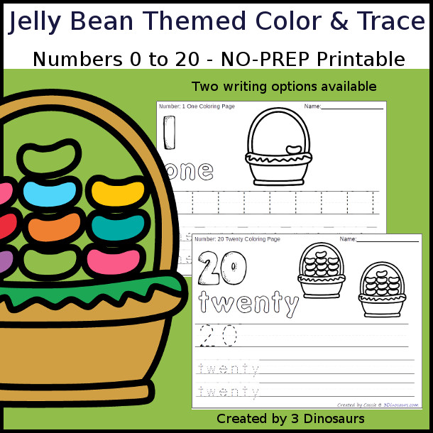 No-Prep Jelly Bean Themed Number Color and Trace - easy no-prep printables with a fun jelly bean theme 44 pages with two options for the numbers tracing or writing $ - 3Dinosaurs.com #noprepprintable #easterprintables #numbersforkids