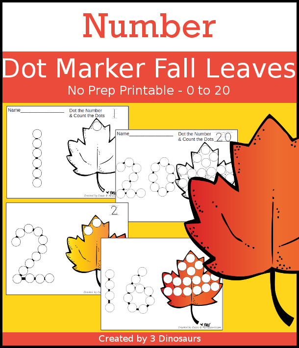 Fall Leaf Dot the Number & Count the Dots - numbers 0 to 20 with dot marker activities for kids to work on numbers and counting - 3Dinosaurs.com