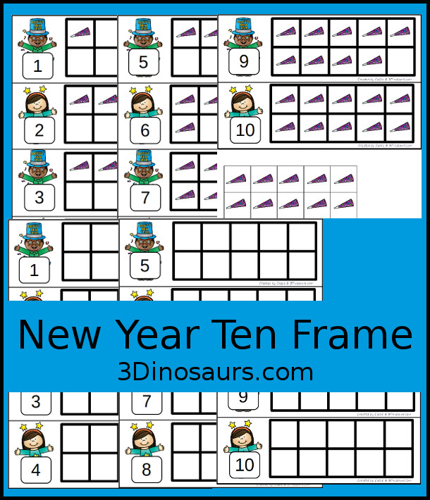 Free New Years Ten Frame Cards - two different types of cards to use with party horns - 3Dinosaurs.com