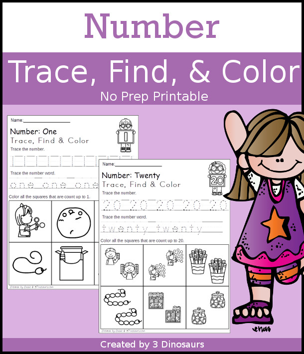 Number Find Color & Trace - with numbers 1 to 20 with tracing for number digit and number work $ - 3Dinosaurs.com