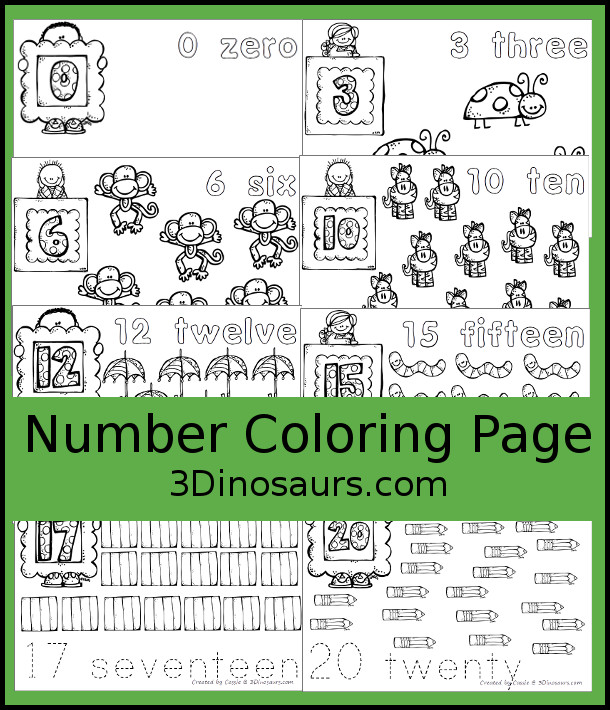 Free Number Coloring Pages - numbers 0 to 20 - 3Dinosaurs.com