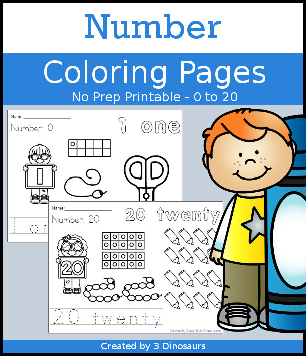 Number Coloring Pages - with numbers 0 to 20 with ten frames, tracing, coloring and counting - 3Dinosaurs.com
