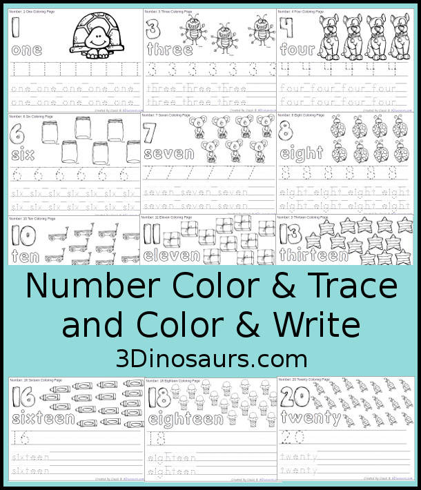 Free Number Coloring & Tracing Printable - It has 0 to 20 for the numbers with two options for tracing numbers and writing numbers - 3Dinosaurs.com