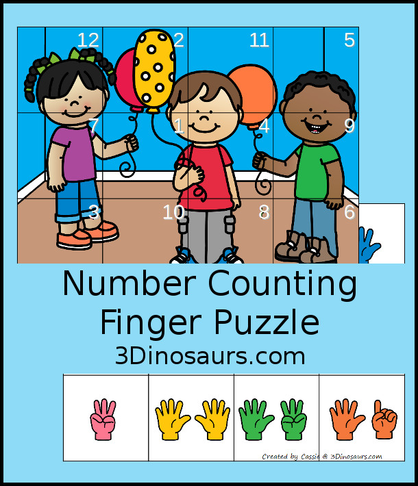 Free Number Counting Fingers Puzzle - counting from 1 to 12 with fingers and a matching puzzles. A simple way to counting and match numbers - 3Dinosaurs.com