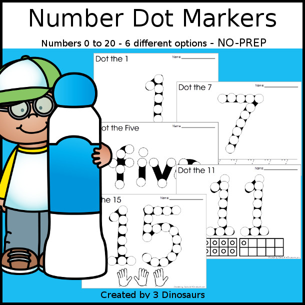 Number Dot Marker Printables - with mix of number digit and number word - 3Dinsoaurs.com