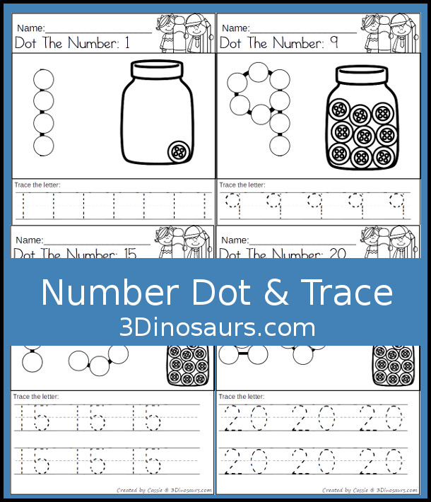 Free Number Dot the Number & Trace the Number - dot marker number with tracing the number and a fun button theme - 3Dinosaurs.com #3dinosaurs kindergarten #prek #numbers #dotmarker #freeprintable