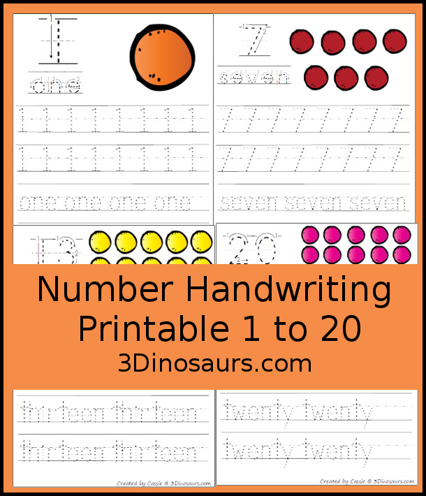Free Number 1 to 20 Handwriting Printables - working tracing numbers 1 to 20 with number digit and number word - These a great handwriting tools for kids in kindergarten  - 3Dinosaurs.com