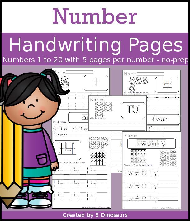 Number 1 to 20 Writing Printables with five number tracing options you can use with kids tracing, tracing & writing, writing, tracing number only, and tracing number word only. - These a great handwriting tools for kids in kindergarten  - 3Dinosaurs.com