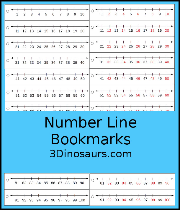 Free Printable Number Line - it has numbers from 1 to 100 and comes in two options - 3Dinosaurs.com #3dinosaurs #numberline #freeprintable #numbers #kindergarten #firstgrade