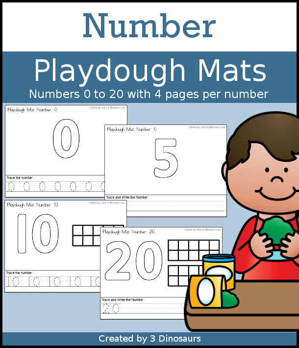 Number Playdough Mats with numbers from 0 to 20 with four options for each number. You have trace and writing for each number plus with and without ten frames- 3Dinosaurs.com
